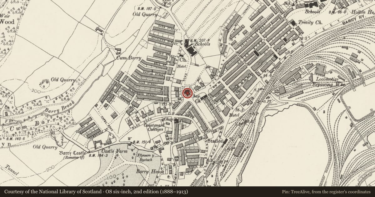 Ordnance Survey six-inch map, 2nd edition (1888–1913) covering the location of Porthkerry Methodist Church, Barry, Vale of Glamorgan, with a pin at the register's coordinates