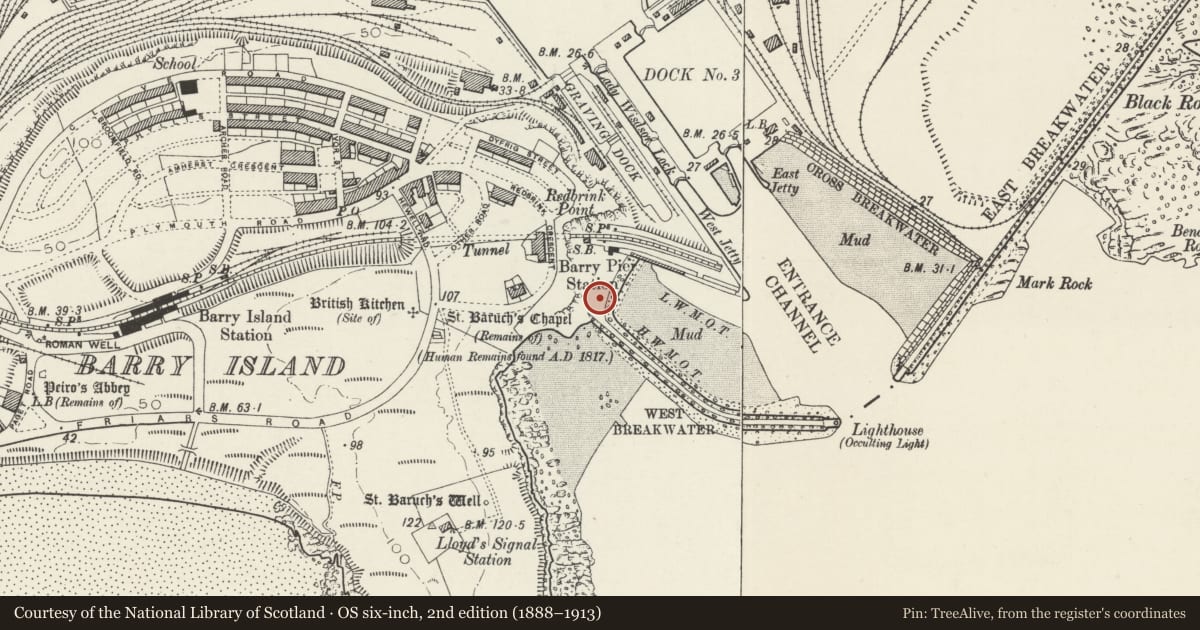 Ordnance Survey six-inch map, 2nd edition (1888–1913) covering the location of Lifeboat House, Barry, Vale of Glamorgan, with a pin at the register's coordinates