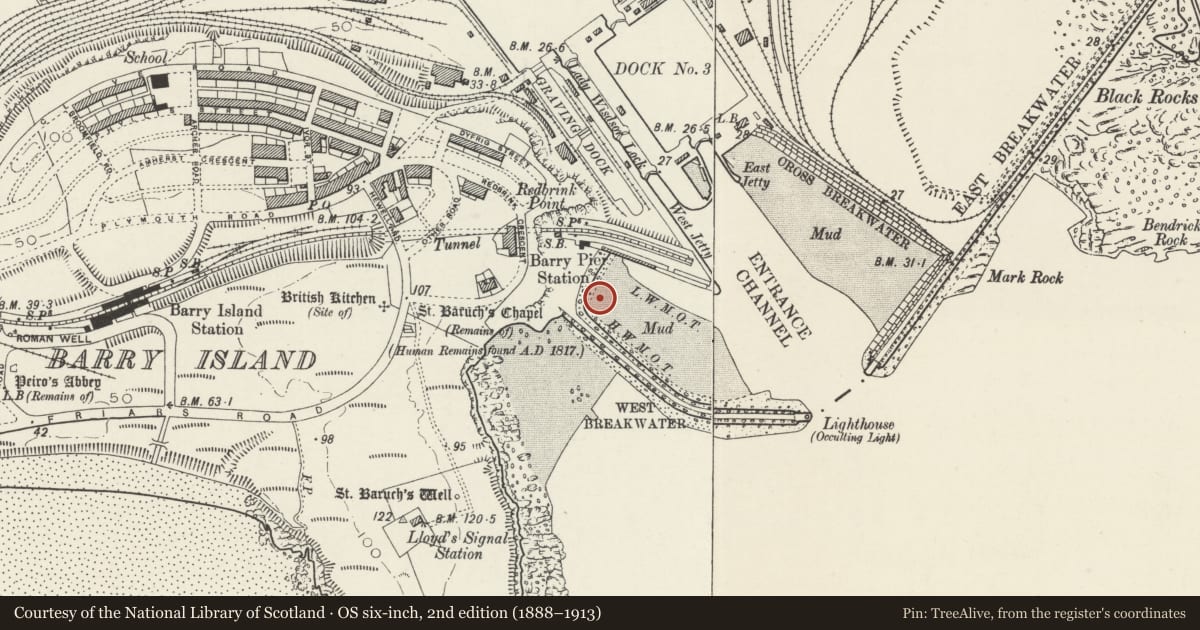 Ordnance Survey six-inch map, 2nd edition (1888–1913) covering the location of Slipway, Barry, Vale of Glamorgan, with a pin at the register's coordinates