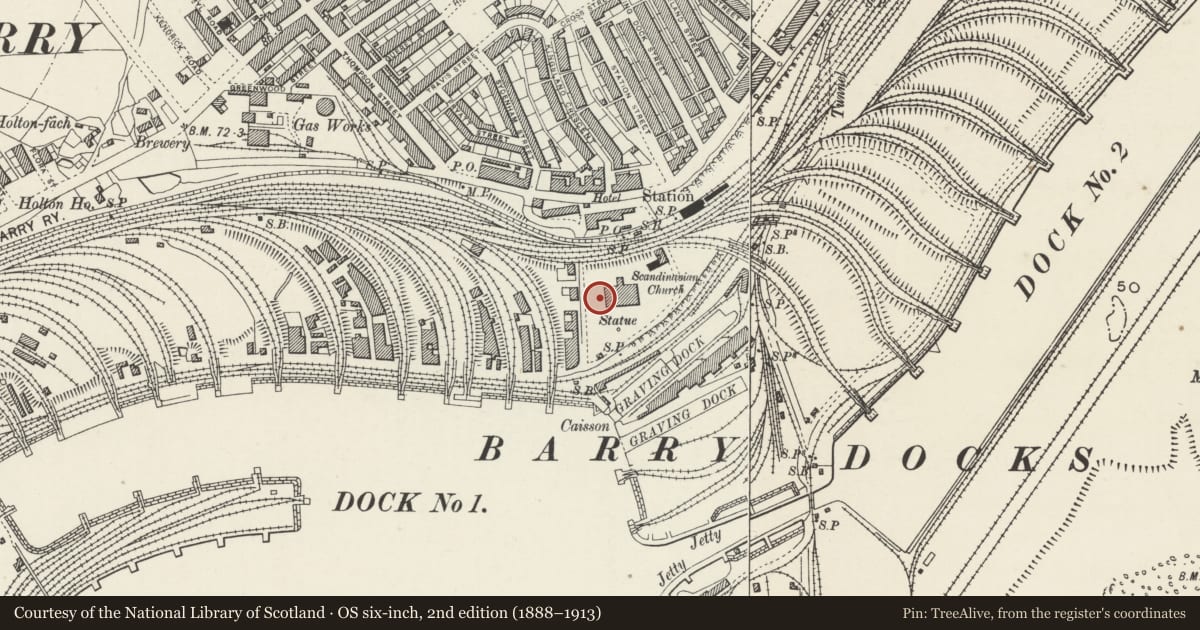 Ordnance Survey six-inch map, 2nd edition (1888–1913) covering the location of 2. Lampstandard outside the Barry Docks Offices, Vale of Glamorgan, with a pin at the register's coordinates