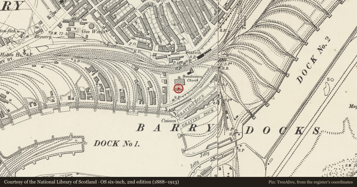 Ordnance Survey six-inch map, 2nd edition (1888–1913) covering the location of 3. Lampstandard outside the Barry Docks Offices, Vale of Glamorgan, with a pin at the register's coordinates