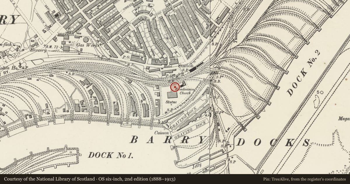 Ordnance Survey six-inch map, 2nd edition (1888–1913) covering the location of 4. Lampstandard outside the Barry Docks Offices, Vale of Glamorgan, with a pin at the register's coordinates