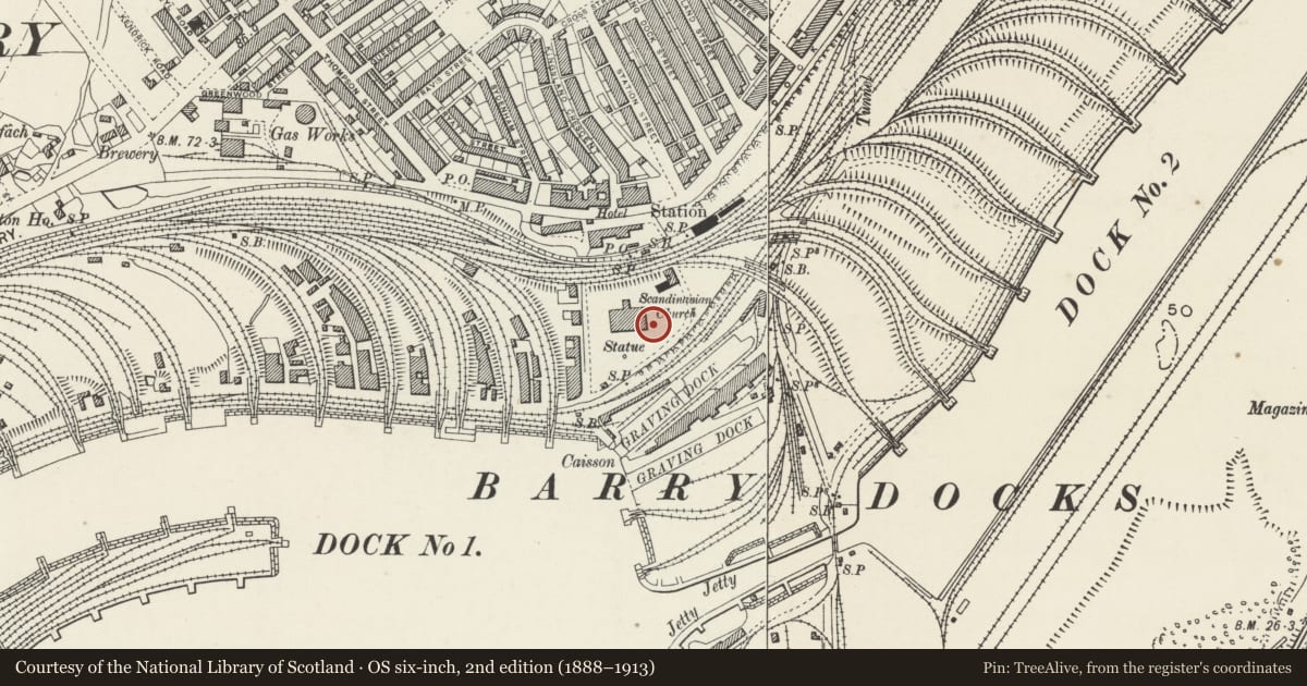 Ordnance Survey six-inch map, 2nd edition (1888–1913) covering the location of 5. Lampstandard outside the Barry Docks Offices, Vale of Glamorgan, with a pin at the register's coordinates