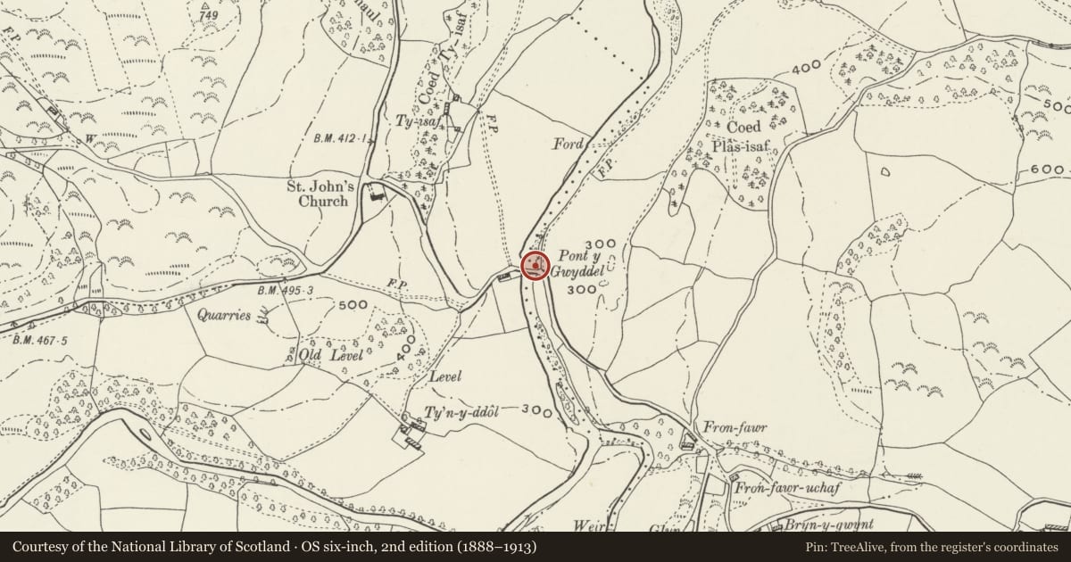 Ordnance Survey six-inch map, 2nd edition (1888–1913) covering the location of Pont-y-Gwyddel (partly in Llanfair Talhaiarn community), Llannefydd, Conwy, with a pin at the register's coordinates