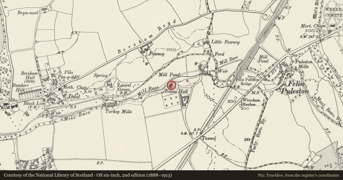 Ordnance Survey six-inch map, 2nd edition (1888–1913) covering the location of Esless Hall, Esclusham, Wrexham, with a pin at the register's coordinates