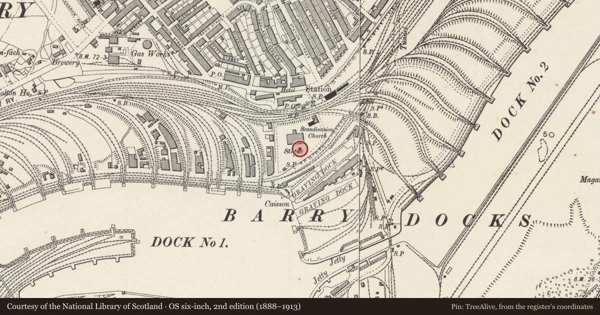 Ordnance Survey six-inch map, 2nd edition (1888–1913) covering the location of 6. Lampstandard outside the Barry Docks Offices, Vale of Glamorgan, with a pin at the register's coordinates