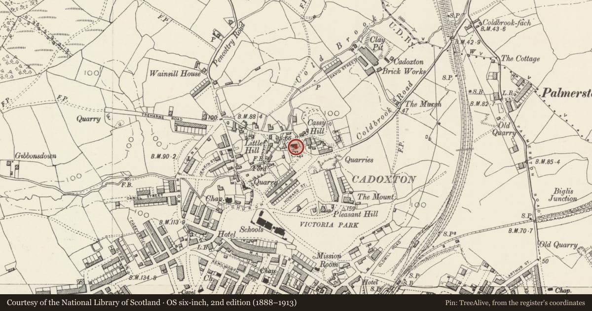 Ordnance Survey six-inch map, 2nd edition (1888–1913) covering the location of Cross in Churchyard at Church of St Cadoc, Barry, Vale of Glamorgan, with a pin at the register's coordinates