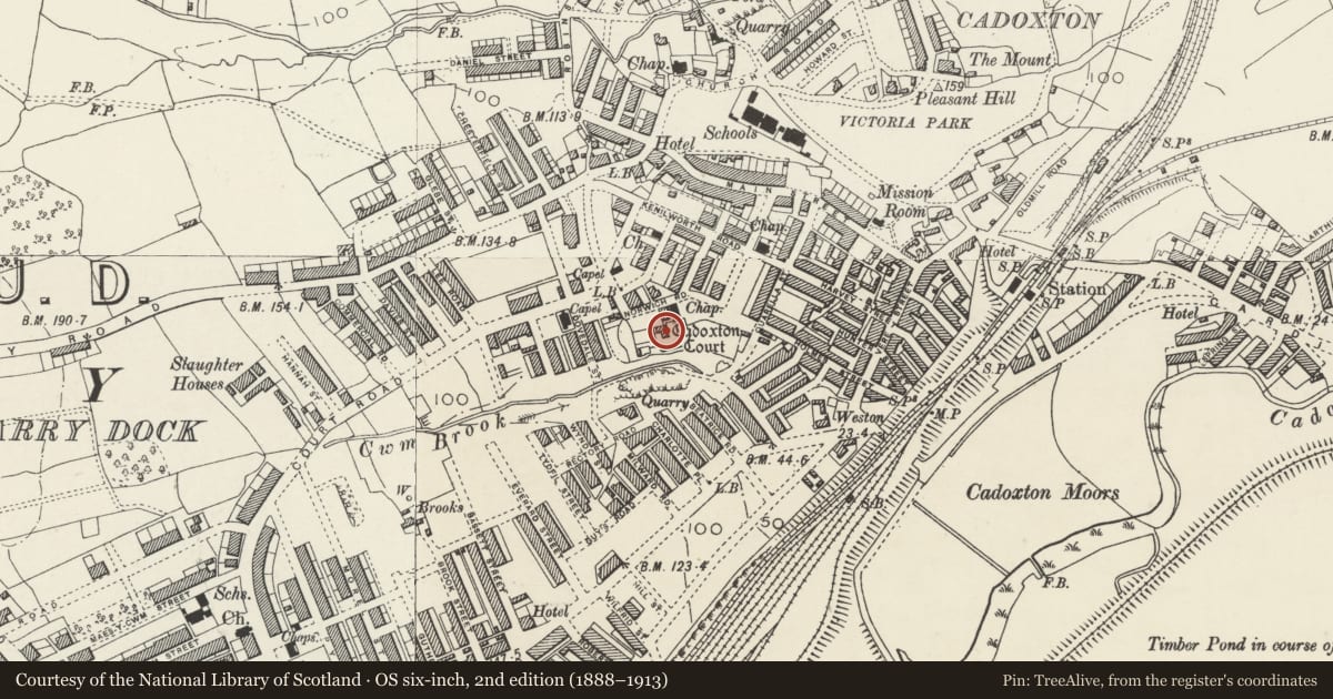 Ordnance Survey six-inch map, 2nd edition (1888–1913) covering the location of Cadoxton Court, Barry, Vale of Glamorgan, with a pin at the register's coordinates