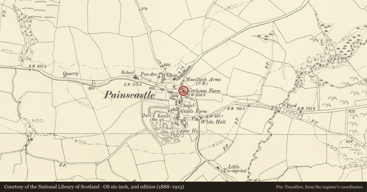 Ordnance Survey six-inch map, 2nd edition (1888–1913) covering the location of Newhouse, Painscastle, Powys, with a pin at the register's coordinates