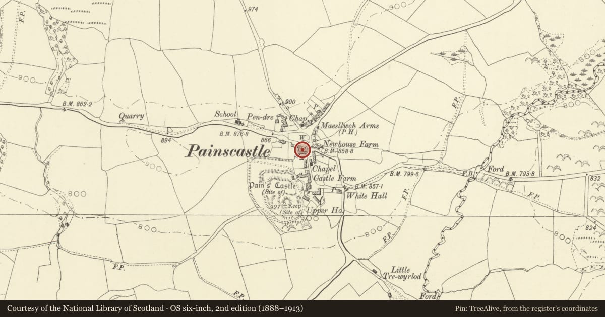 Ordnance Survey six-inch map, 2nd edition (1888–1913) covering the location of Newhouse Barn, Painscastle, Powys, with a pin at the register's coordinates