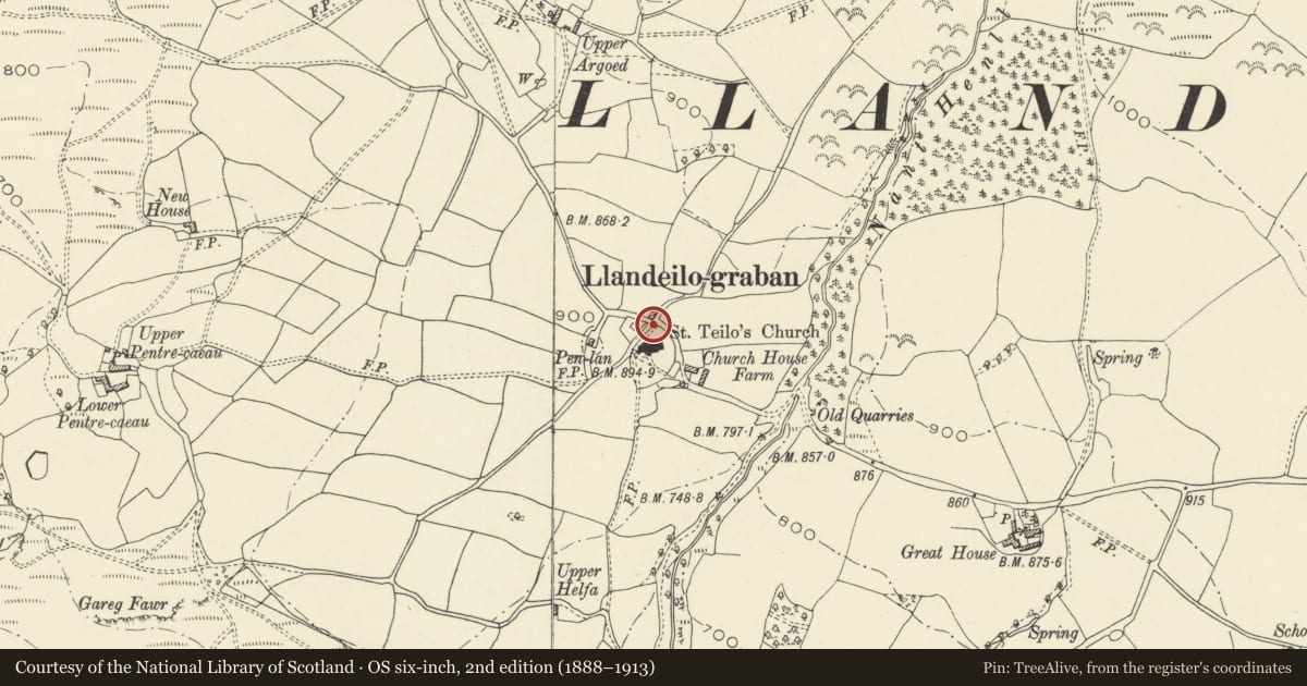 Ordnance Survey six-inch map, 2nd edition (1888–1913) covering the location of Telephone Call-box sited against the N side of churchyard wall, Painscastle, Powys, with a pin at the register's coordinates