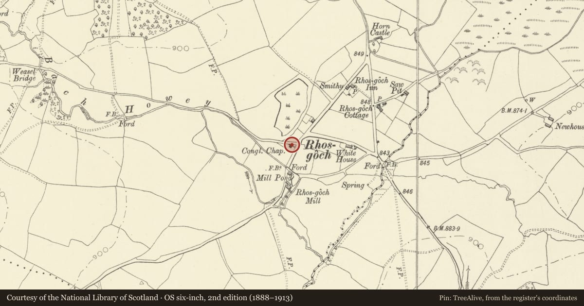 Ordnance Survey six-inch map, 2nd edition (1888–1913) covering the location of Hermon Congregational Chapel, Painscastle, Powys, with a pin at the register's coordinates