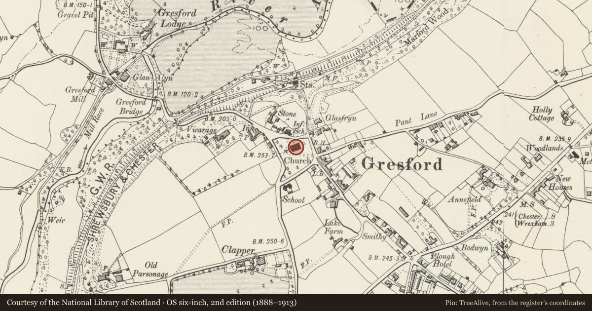 Ordnance Survey six-inch map, 2nd edition (1888–1913) covering the location of Parish Church of All Saints, Gresford, Wrexham, with a pin at the register's coordinates