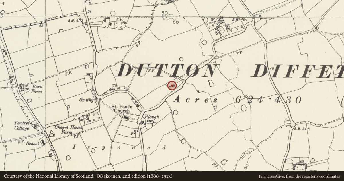 Ordnance Survey six-inch map, 2nd edition (1888–1913) covering the location of Cobham Cottage, Isycoed, Wrexham, with a pin at the register's coordinates
