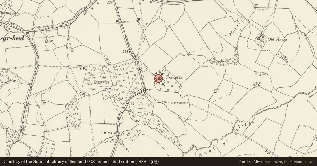 Ordnance Survey six-inch map, 2nd edition (1888–1913) covering the location of Treberren Farmhouse, Mitchel Troy, Monmouthshire, with a pin at the register's coordinates