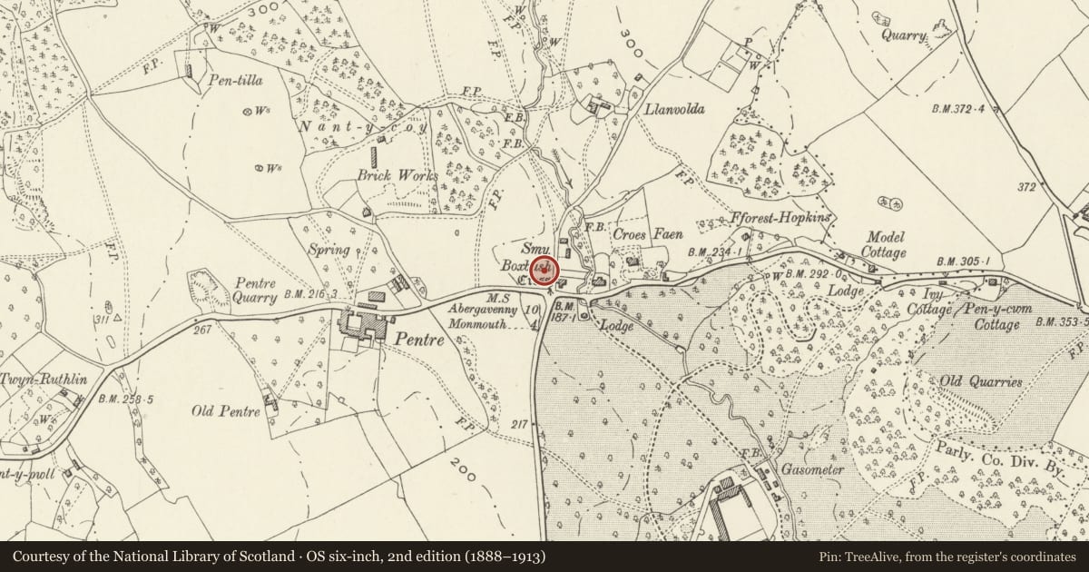 Ordnance Survey six-inch map, 2nd edition (1888–1913) covering the location of The Hall (former Village Hall), Whitecastle, Monmouthshire, with a pin at the register's coordinates