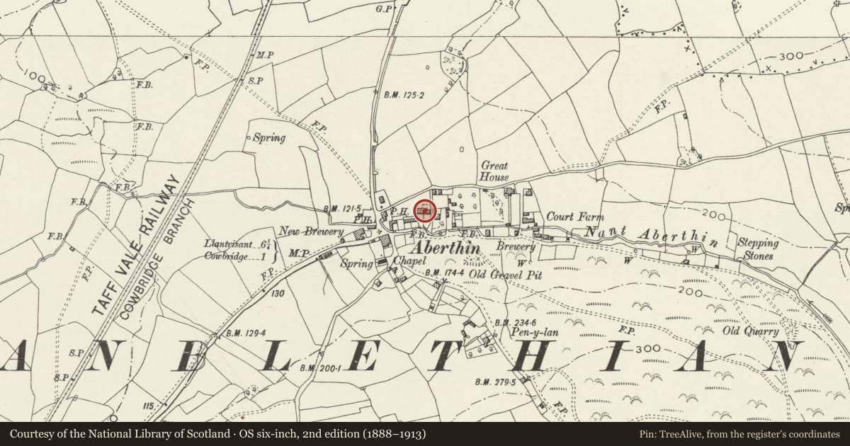 Ordnance Survey six-inch map, 2nd edition (1888–1913) covering the location of The Sweetings (Including attached Barn and Stable Range to W), Cowbridge with Llanblethian, Vale of Glamorgan, with a pin at the register's coordinates