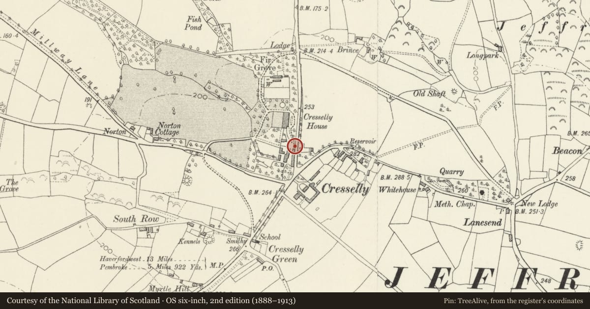 Ordnance Survey six-inch map, 2nd edition (1888–1913) covering the location of Gate-piers and gate to S driveway to Cresselly House, Jeffreyston, Pembrokeshire, with a pin at the register's coordinates