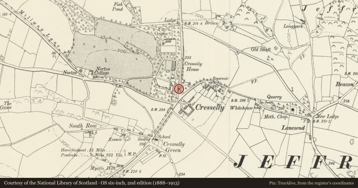 Ordnance Survey six-inch map, 2nd edition (1888–1913) covering the location of Coach-house and Stable Range to E side of Stable Courtyard at Cresselly House, Jeffreyston, Pembrokeshire, with a pin at the register's coordinates