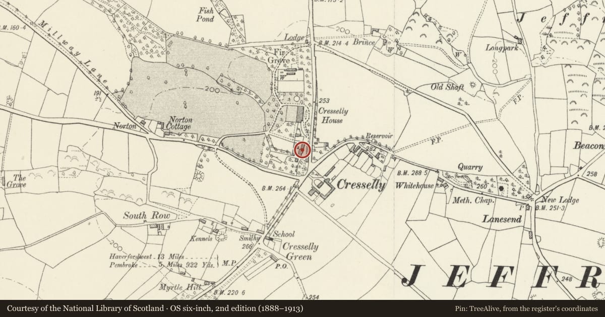 Ordnance Survey six-inch map, 2nd edition (1888–1913) covering the location of Stable Range to W side of Stable Courtyard at Creselly House, Jeffreyston, Pembrokeshire, with a pin at the register's coordinates