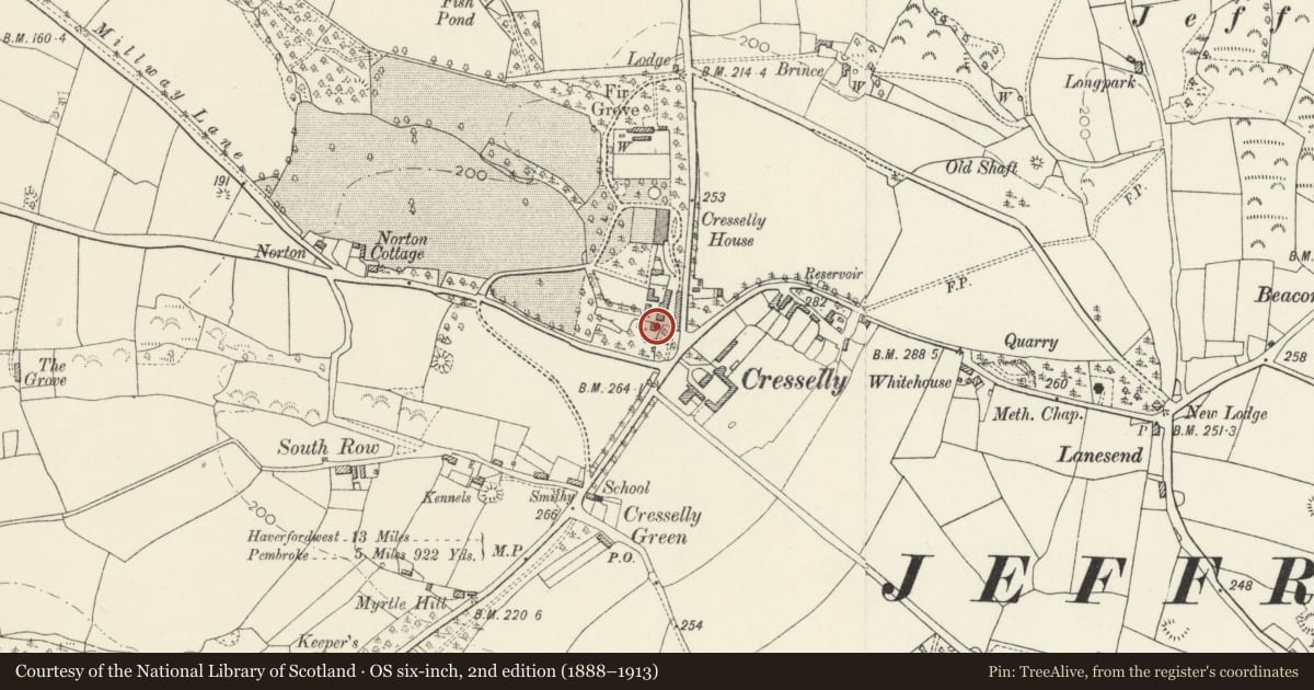 Ordnance Survey six-inch map, 2nd edition (1888–1913) covering the location of Outbuilding to SW of Stable Courtyard at Cresselly House, Jeffreyston, Pembrokeshire, with a pin at the register's coordinates
