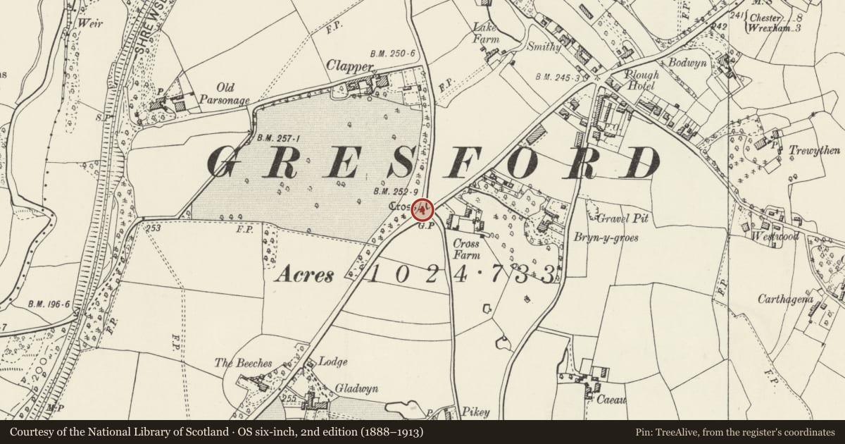 Ordnance Survey six-inch map, 2nd edition (1888–1913) covering the location of Base of Cross, Gresford, Wrexham, with a pin at the register's coordinates