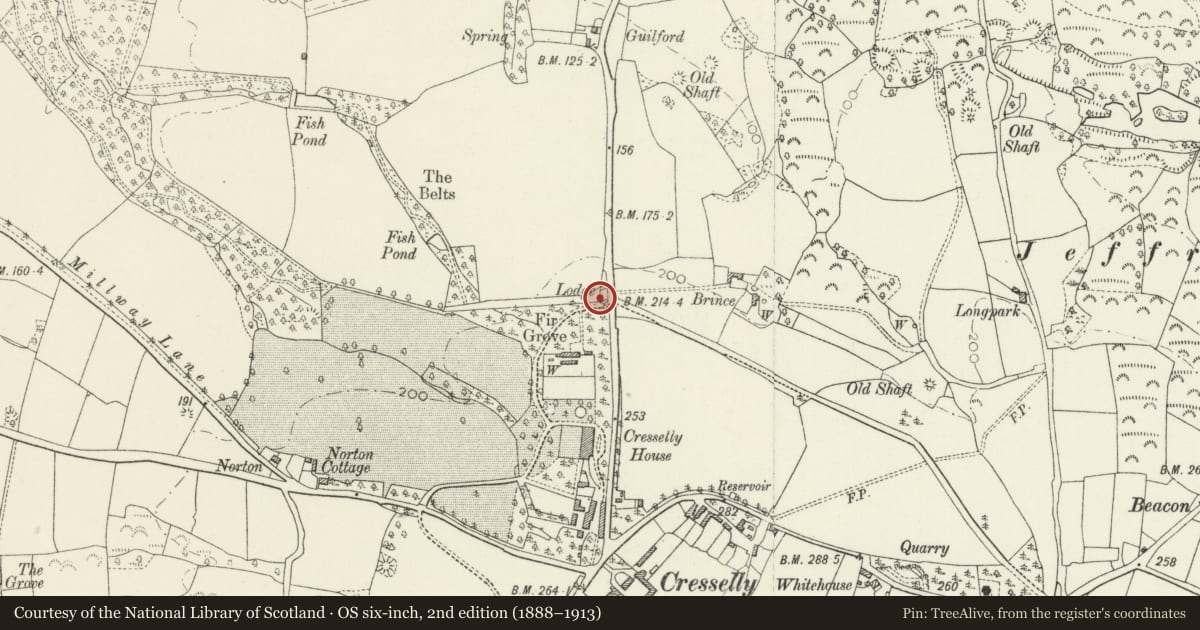 Ordnance Survey six-inch map, 2nd edition (1888–1913) covering the location of North Lodge to Cresselly House, Jeffreyston, Pembrokeshire, with a pin at the register's coordinates