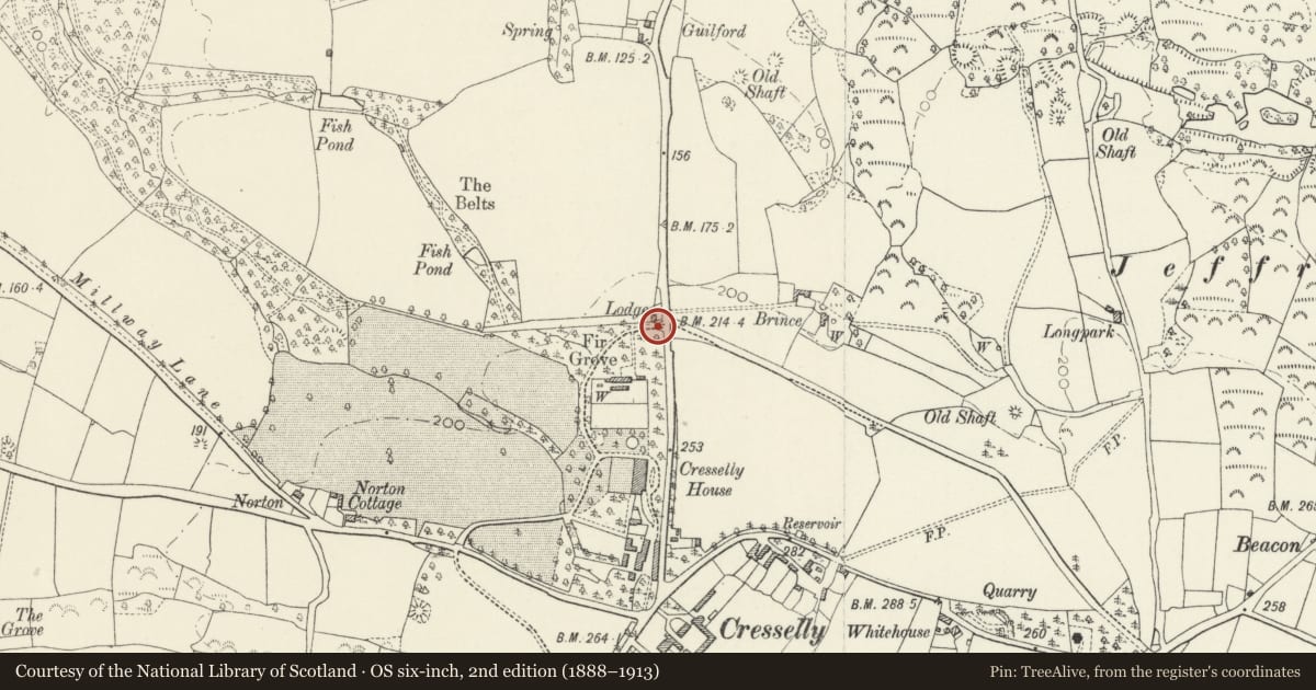 Ordnance Survey six-inch map, 2nd edition (1888–1913) covering the location of Gates and gate-piers to North Driveway to Cresselly House, Jeffreyston, Pembrokeshire, with a pin at the register's coordinates