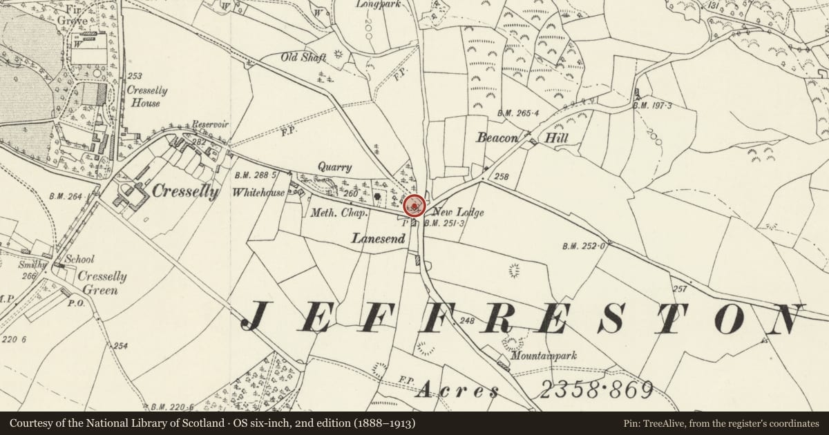 Ordnance Survey six-inch map, 2nd edition (1888–1913) covering the location of East Lodge, Jeffreyston, Pembrokeshire, with a pin at the register's coordinates