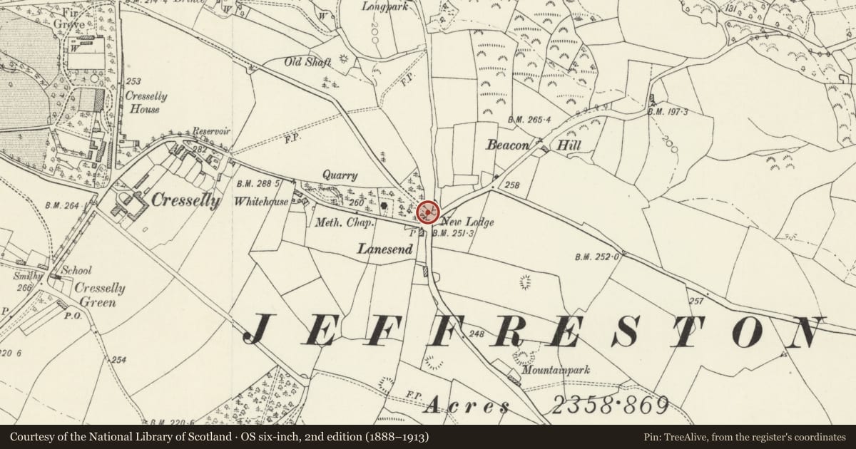 Ordnance Survey six-inch map, 2nd edition (1888–1913) covering the location of Gate and gate-piers beside E Lodge, Jeffreyston, Pembrokeshire, with a pin at the register's coordinates