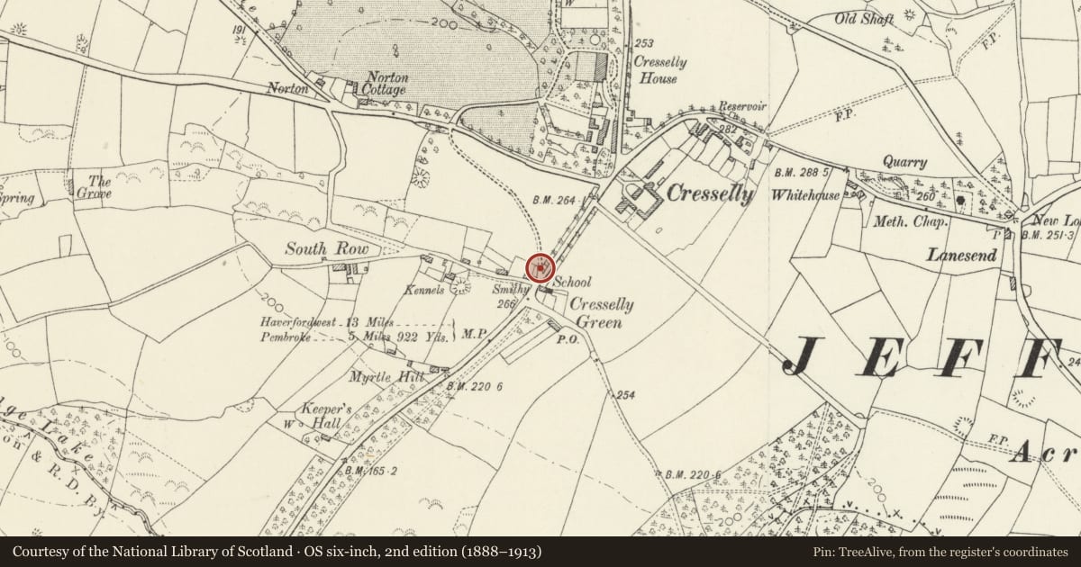 Ordnance Survey six-inch map, 2nd edition (1888–1913) covering the location of Gate and gate-piers at former S driveway to Cresselly House, Jeffreyston, Pembrokeshire, with a pin at the register's coordinates