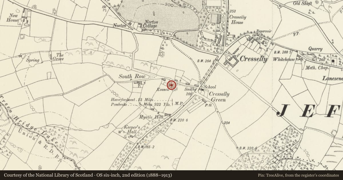Ordnance Survey six-inch map, 2nd edition (1888–1913) covering the location of South Pembrokeshire Hunt Kennels, Jeffreyston, Pembrokeshire, with a pin at the register's coordinates