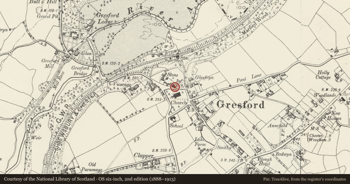 Ordnance Survey six-inch map, 2nd edition (1888–1913) covering the location of Strode House, Gresford, Wrexham, with a pin at the register's coordinates