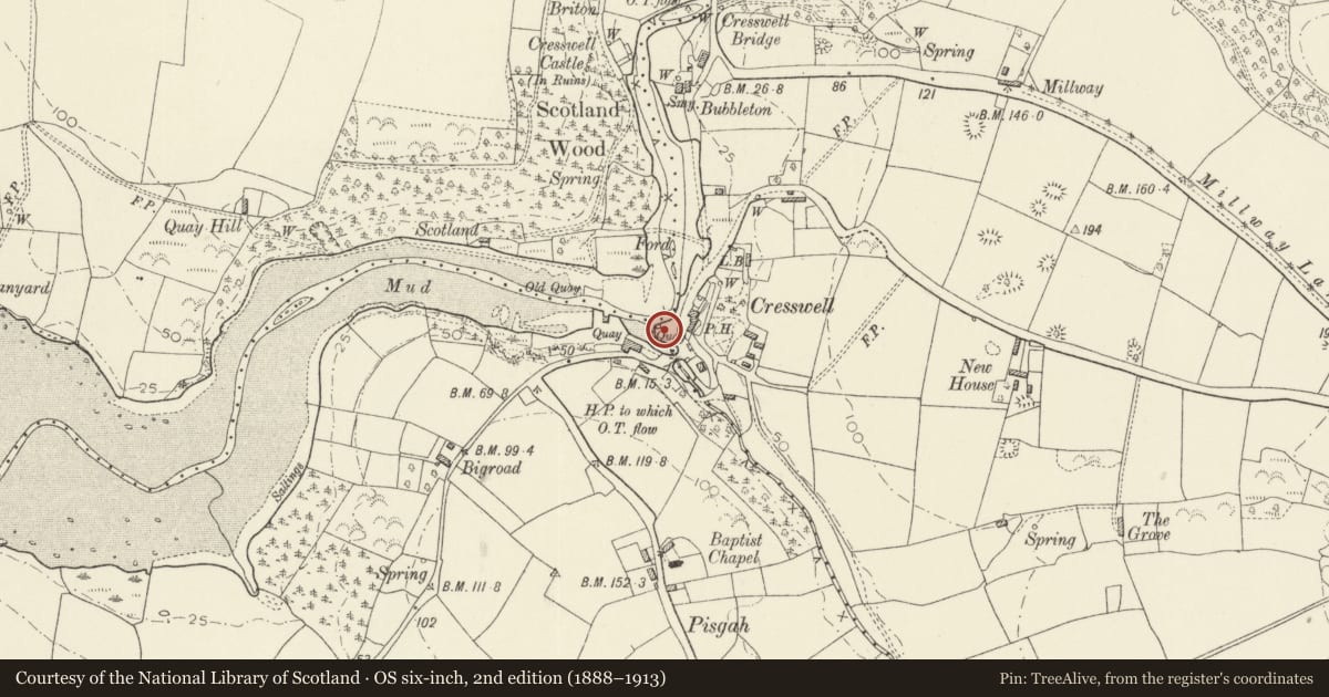 Ordnance Survey six-inch map, 2nd edition (1888–1913) covering the location of Cresswell Quay, Jeffreyston, Pembrokeshire, with a pin at the register's coordinates
