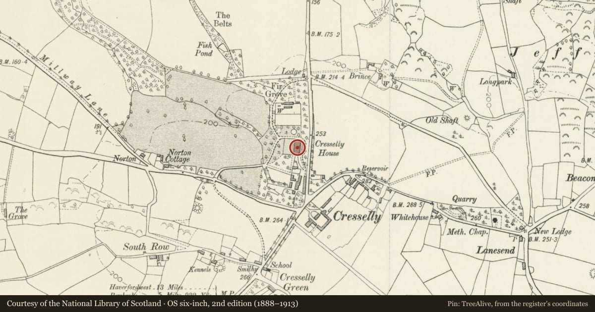 Ordnance Survey six-inch map, 2nd edition (1888–1913) covering the location of Cresselly House, Jeffreyston, Pembrokeshire, with a pin at the register's coordinates