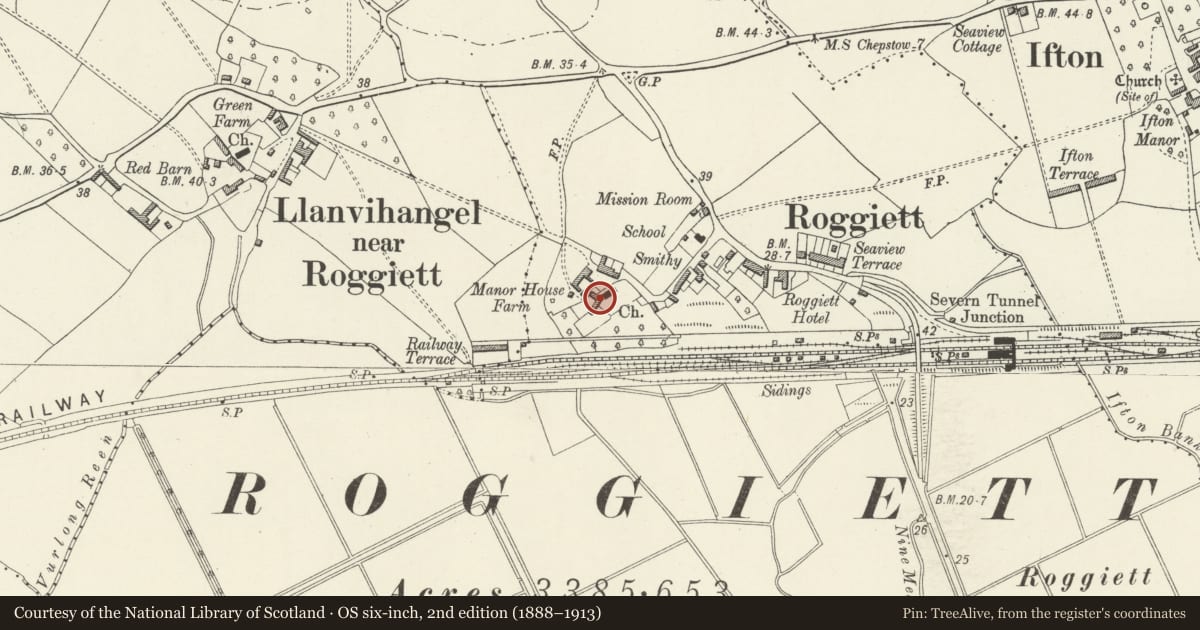 Ordnance Survey six-inch map, 2nd edition (1888–1913) covering the location of Manor House Farmhouse, Rogiet, Monmouthshire, with a pin at the register's coordinates