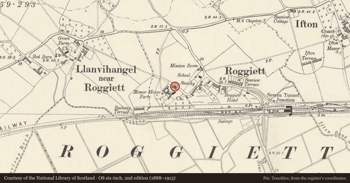 Ordnance Survey six-inch map, 2nd edition (1888–1913) covering the location of Barn at Manor House Farm, Rogiet, Monmouthshire, with a pin at the register's coordinates