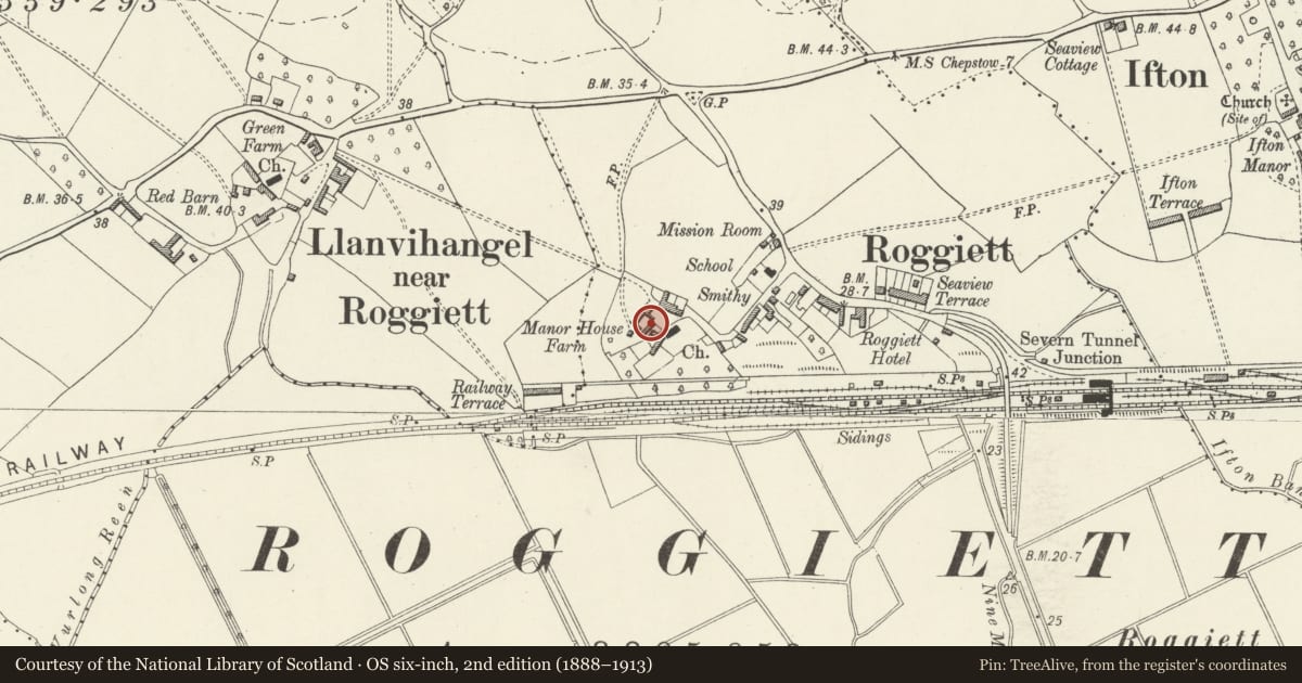 Ordnance Survey six-inch map, 2nd edition (1888–1913) covering the location of Stables at Manor House Farm, Rogiet, Monmouthshire, with a pin at the register's coordinates