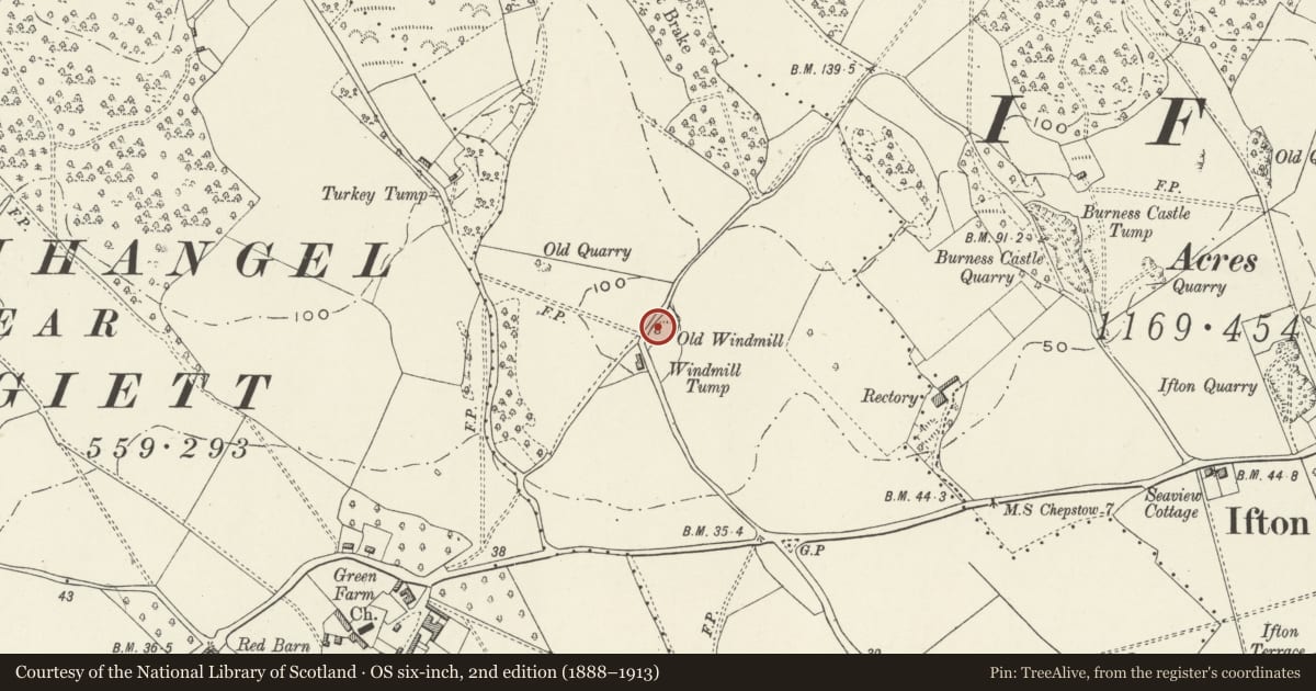 Ordnance Survey six-inch map, 2nd edition (1888–1913) covering the location of Old Windmill, Rogiet, Monmouthshire, with a pin at the register's coordinates