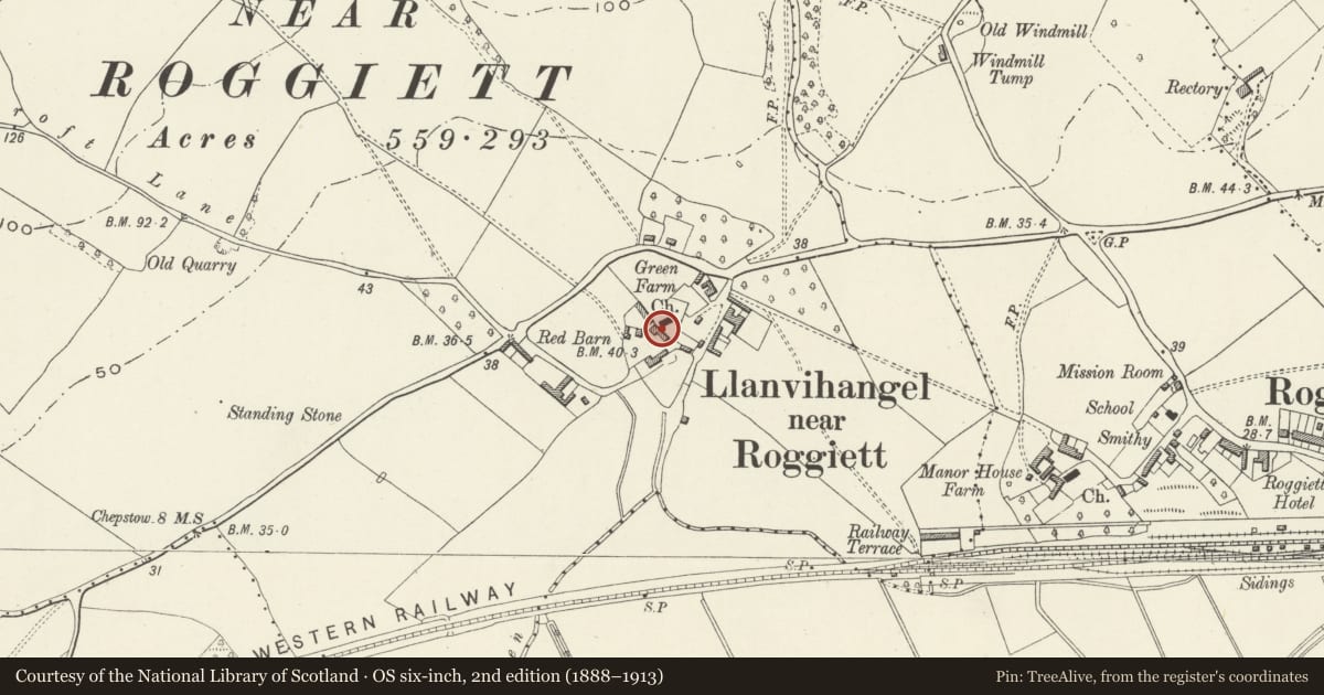 Ordnance Survey six-inch map, 2nd edition (1888–1913) covering the location of Farm Range at Old Court Farm, Rogiet, Monmouthshire, with a pin at the register's coordinates