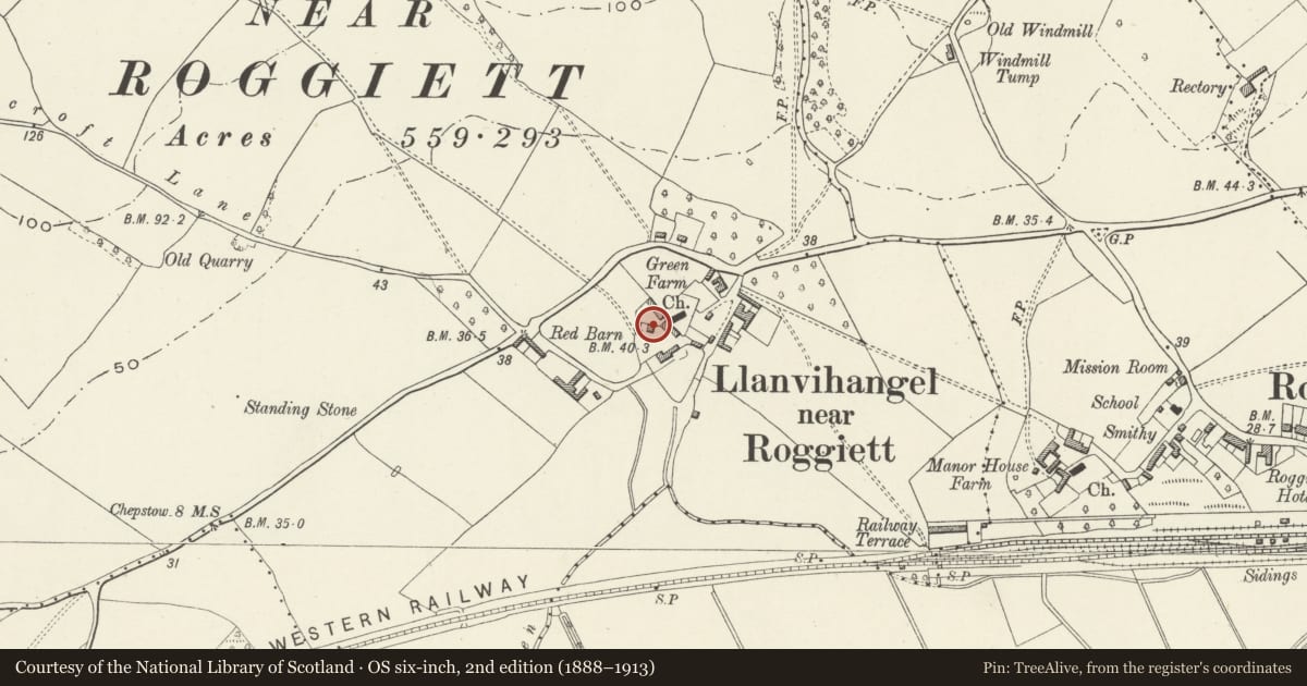 Ordnance Survey six-inch map, 2nd edition (1888–1913) covering the location of Stables at Old Court Farm, Rogiet, Monmouthshire, with a pin at the register's coordinates
