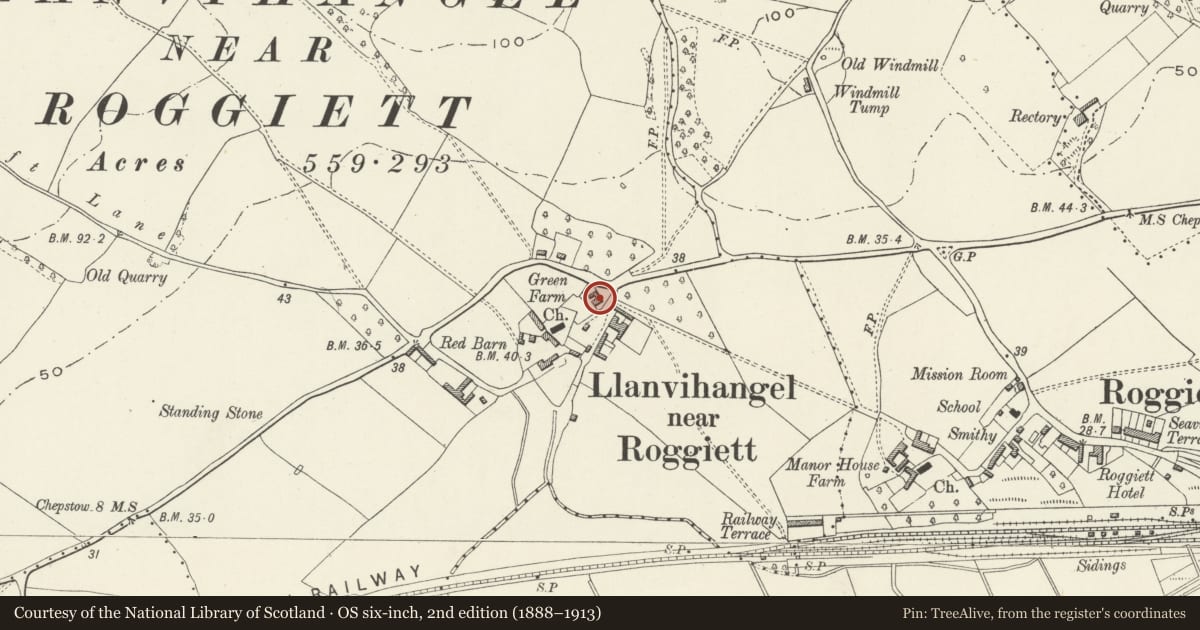 Ordnance Survey six-inch map, 2nd edition (1888–1913) covering the location of Green Farmhouse (including attached Walls and Railings to Front), Rogiet, Monmouthshire, with a pin at the register's coordinates