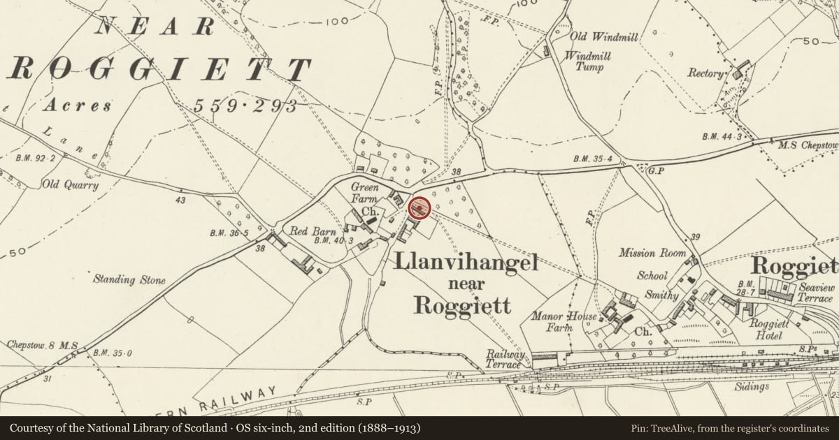 Ordnance Survey six-inch map, 2nd edition (1888–1913) covering the location of Cowhouse Range East of Green Farmhouse, Rogiet, Monmouthshire, with a pin at the register's coordinates
