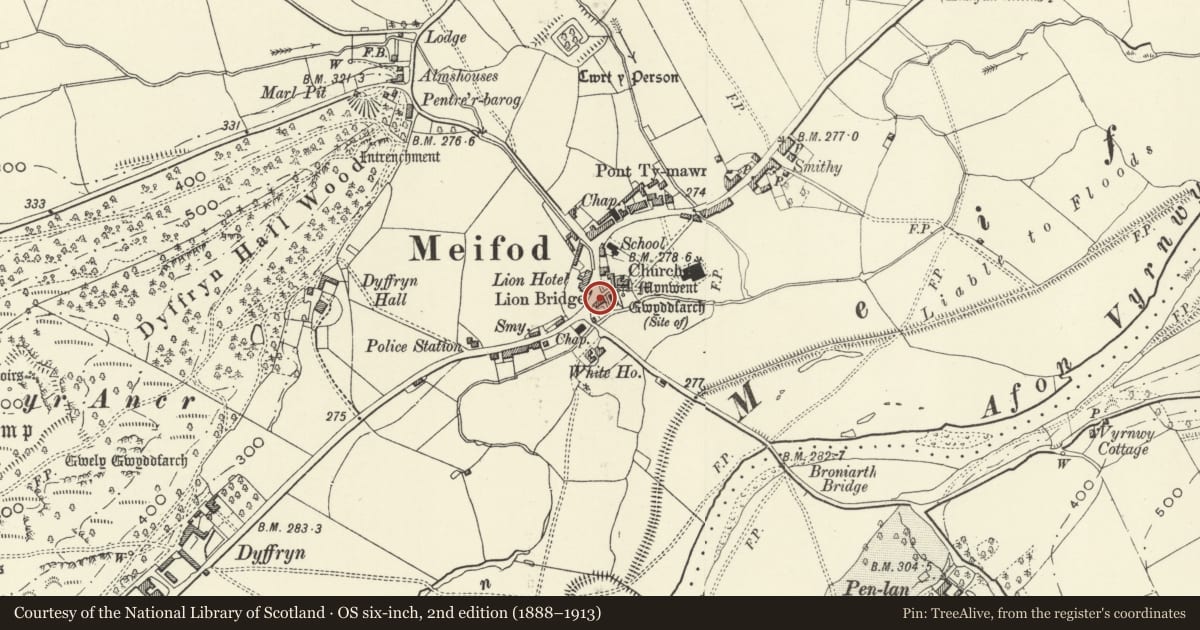 Ordnance Survey six-inch map, 2nd edition (1888–1913) covering the location of Waterloo House (including former cottage to right), Meifod, Powys, with a pin at the register's coordinates