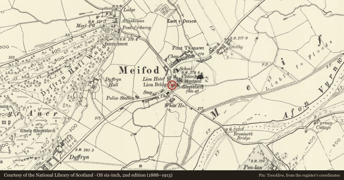Ordnance Survey six-inch map, 2nd edition (1888–1913) covering the location of Waterloo Cottage (formerly Waterloo View), Meifod, Powys, with a pin at the register's coordinates