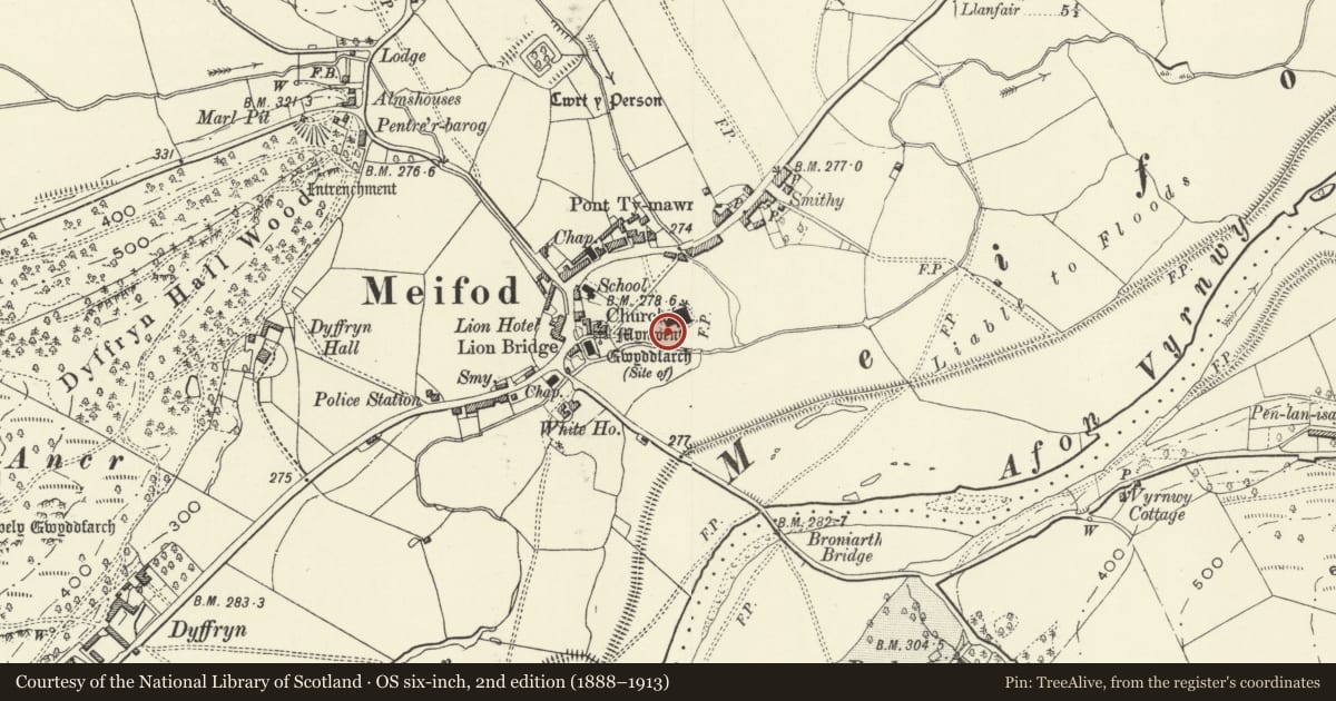 Ordnance Survey six-inch map, 2nd edition (1888–1913) covering the location of Sundial to SW of Tower at Church of St Tysilio, Meifod, Powys, with a pin at the register's coordinates