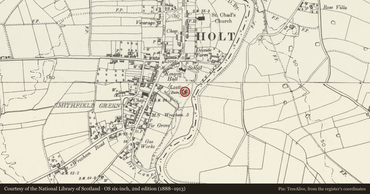 Ordnance Survey six-inch map, 2nd edition (1888–1913) covering the location of Holt Castle, Wrexham, with a pin at the register's coordinates