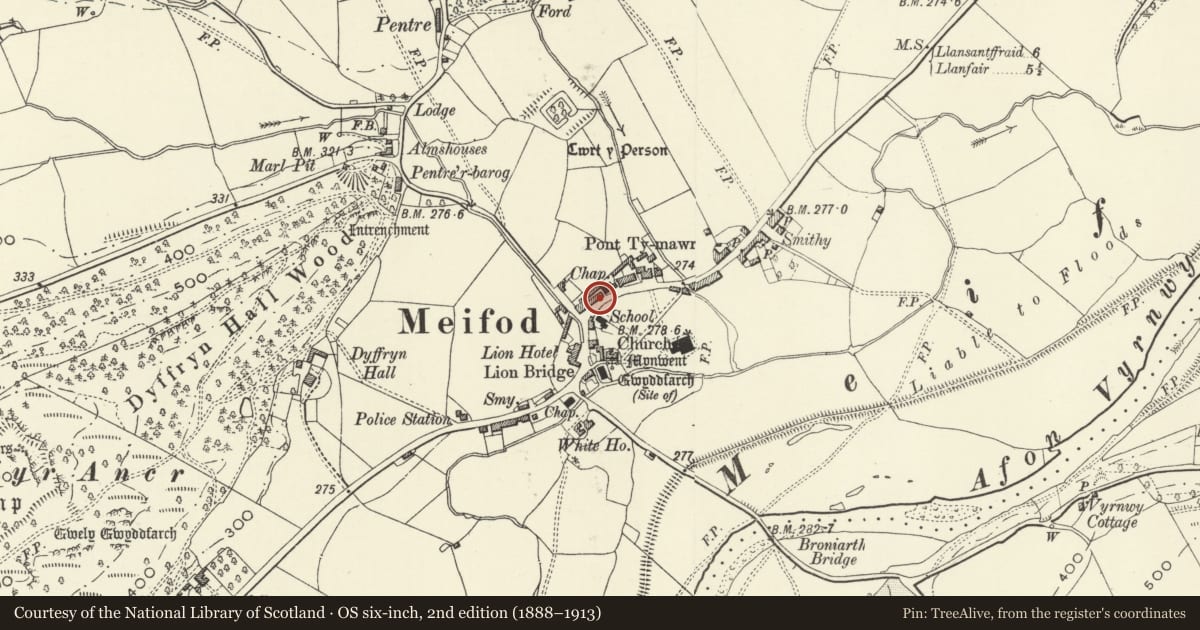 Ordnance Survey six-inch map, 2nd edition (1888–1913) covering the location of Fountain at the fornt of Aldwyn House, Meifod, Powys, with a pin at the register's coordinates