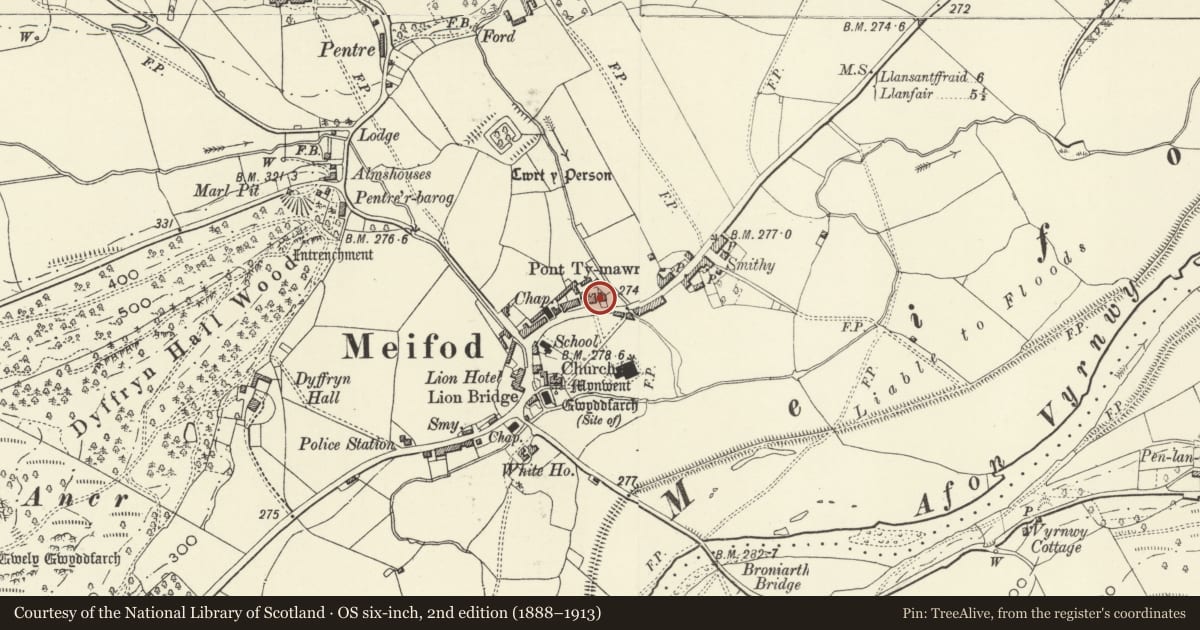 Ordnance Survey six-inch map, 2nd edition (1888–1913) covering the location of Rose Villa, Meifod, Powys, with a pin at the register's coordinates