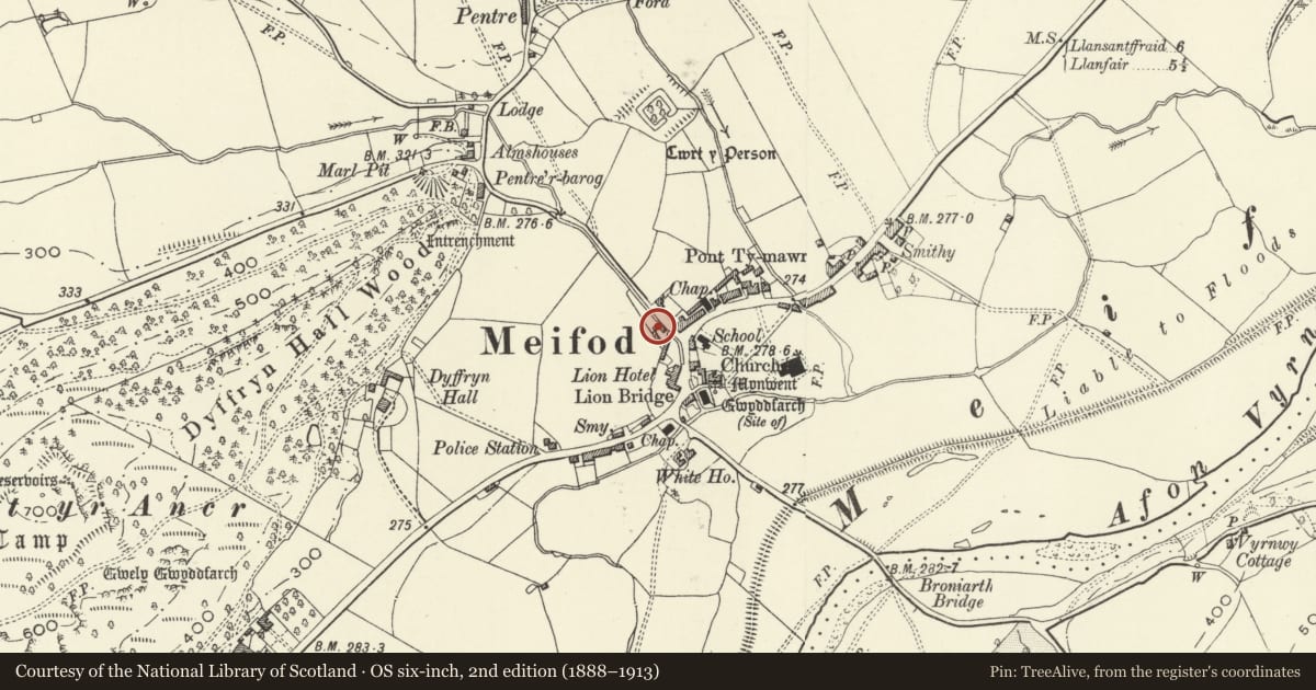 Ordnance Survey six-inch map, 2nd edition (1888–1913) covering the location of Ger-y-Nant (Brook House), Meifod, Powys, with a pin at the register's coordinates